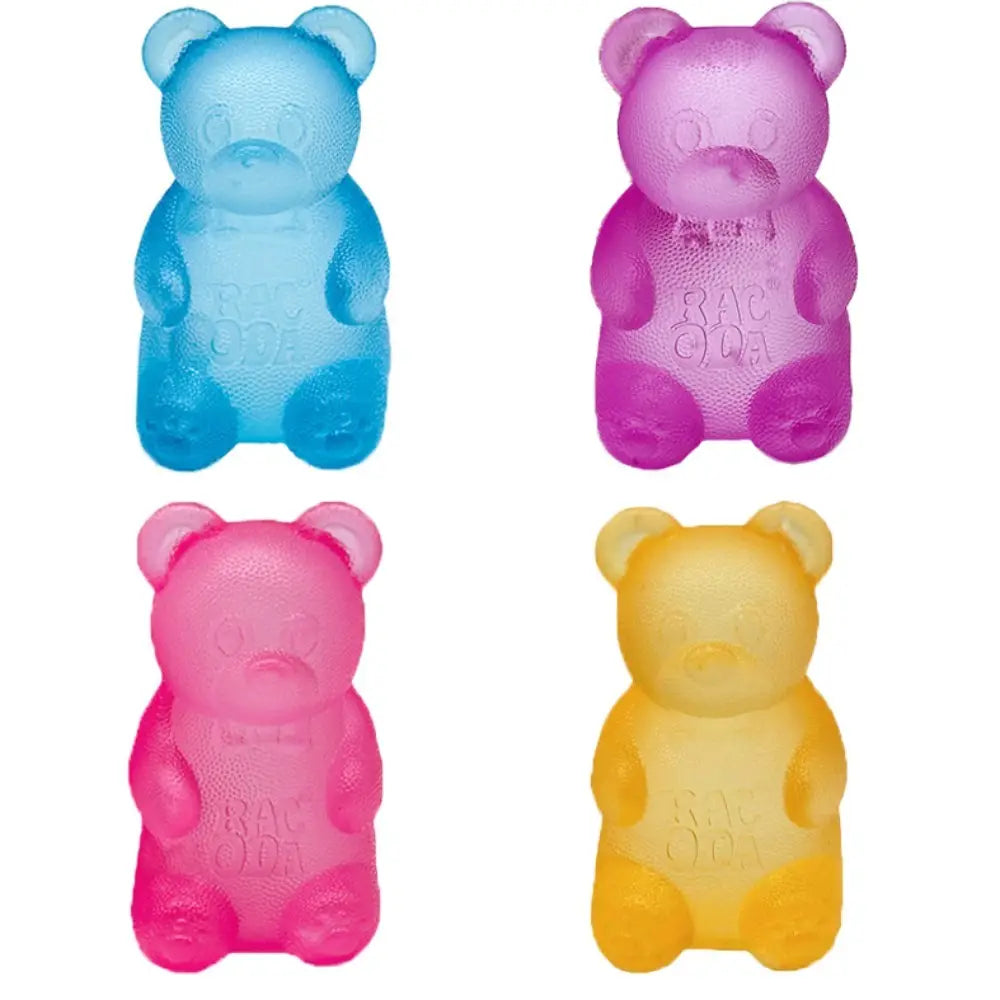 four translucent gummy bear-shaped drink coolers in blue pink purple and yellow used as pink gummy bear sensory fidget toys