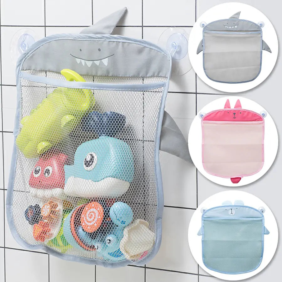 Sac de rangement pour jouets de bain en filet de forme requin gris, avec ventouses et visage souriant, pour organiser les jouets de bain des enfants.