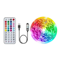Rgb led strip light displaying multiple colors with remote control and usb driver shown from front angle