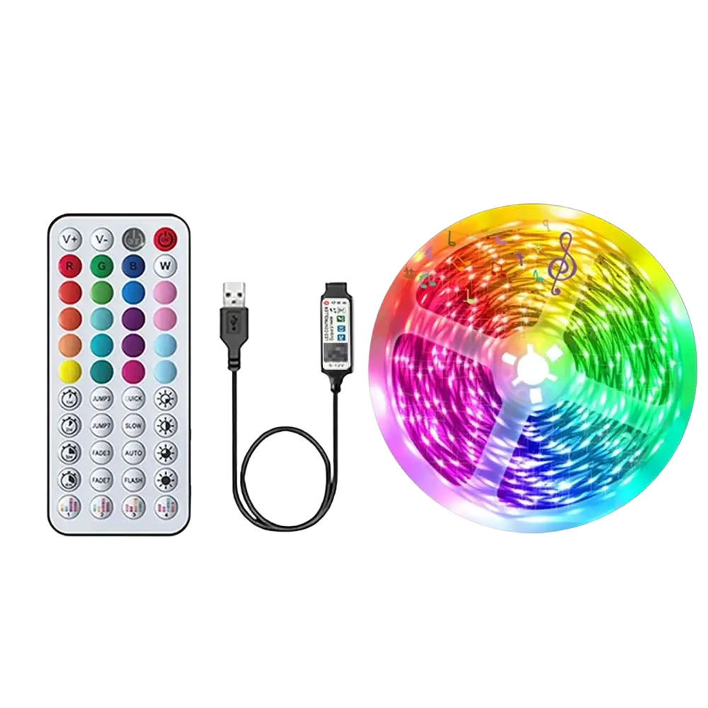 Rgb led strip light displaying multiple colors with remote control and usb driver shown from front angle