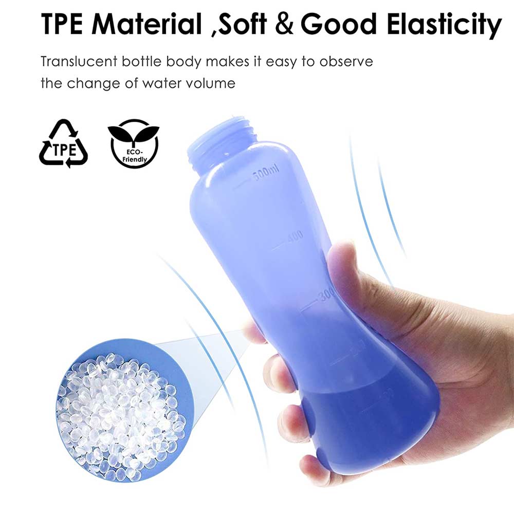 Eine transparente blaue TPE-Peri-Flasche nach der Geburt aus weichem elastischem Material mit Maßmarkierungen zur Pflege des Dammbereichs.