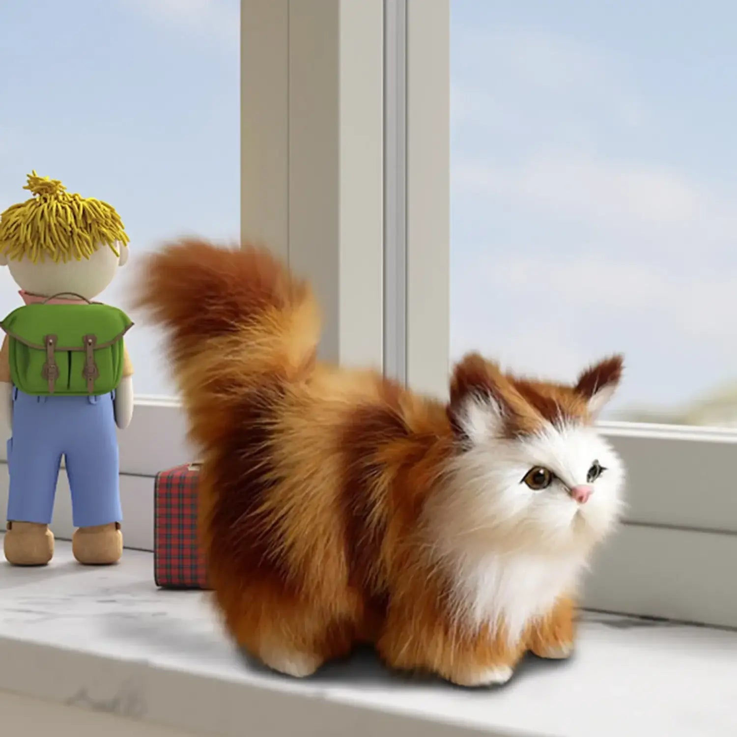 fluffy orange and white simulation cat plush with soft realistic fur texture designed as a soft stuffed animal toy