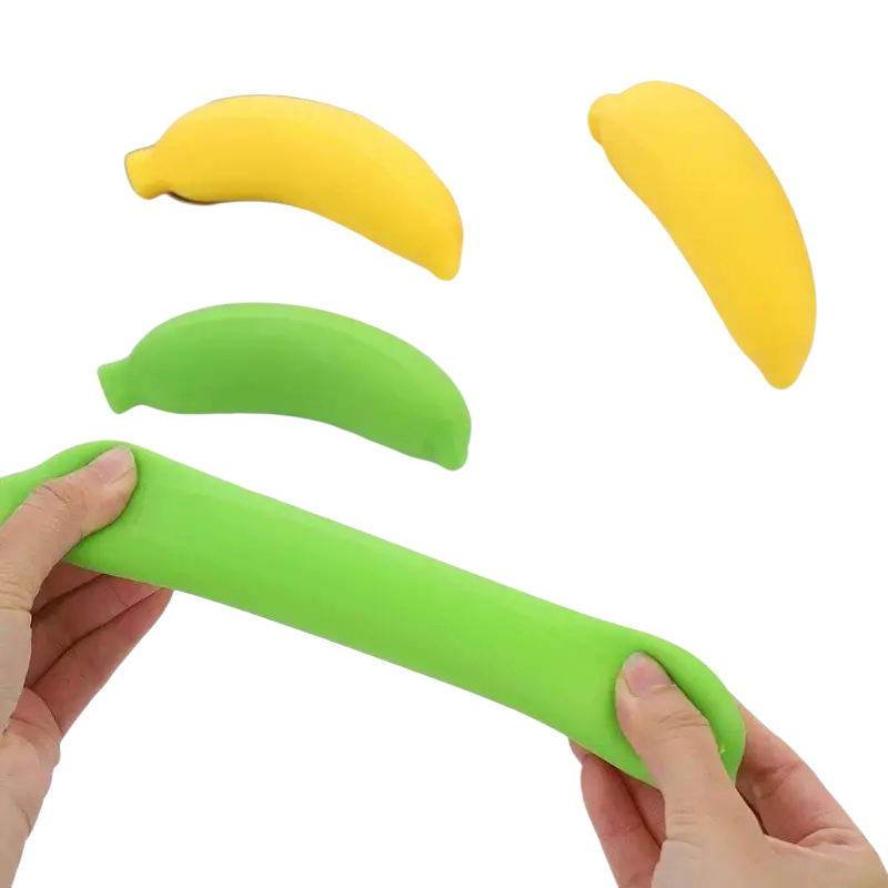Bright green banana-shaped slow rising squishy fruit squeeze toy made of soft silicone for stress relief