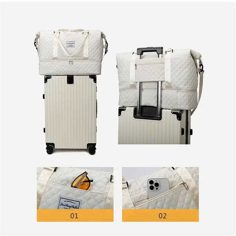 Bolsa de viaje tipo duffel acolchada blanca tote weekender grande con parte superior enrollable y correa ajustable para el hombro, diseñada para un uso práctico en viajes
