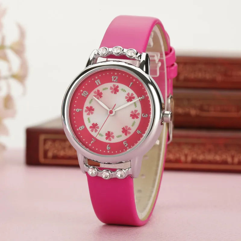 Children Kids Watches Casual Fashion Cute Flowers Students Watch Life Waterproof PU Leather Strap Quartz Wrist Watch For Girl