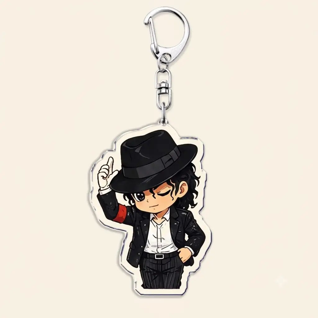 michael jackson chibi acrylic keychain featuring a chic black fedora-wearing cartoon design with a glossy acrylic finish and silver metal clasp.