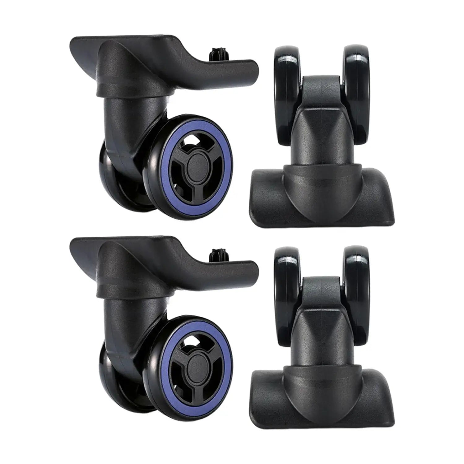 Reemplazo de rueda de equipaje de plástico negro con ruedas con rines azules y mecanismos de giro de 360 grados para una movilidad fluida