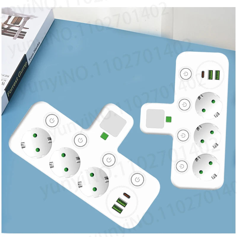 Wireless Wall Charger Socket with 3 AC Outlets +2 USB Ports+ 1 Type C 6-in-1 Plug Socket EU Plug Fast Charging power board