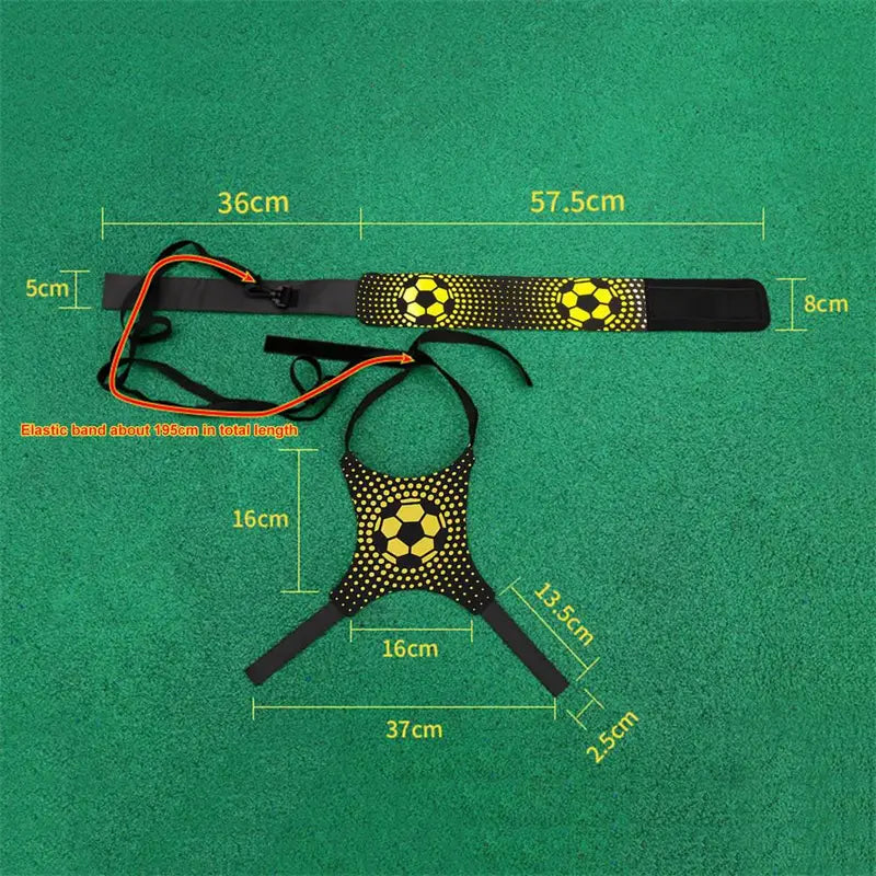 solo football training aid in black and yellow with a dotted pattern and adjustable elastic waist belt for football drills.