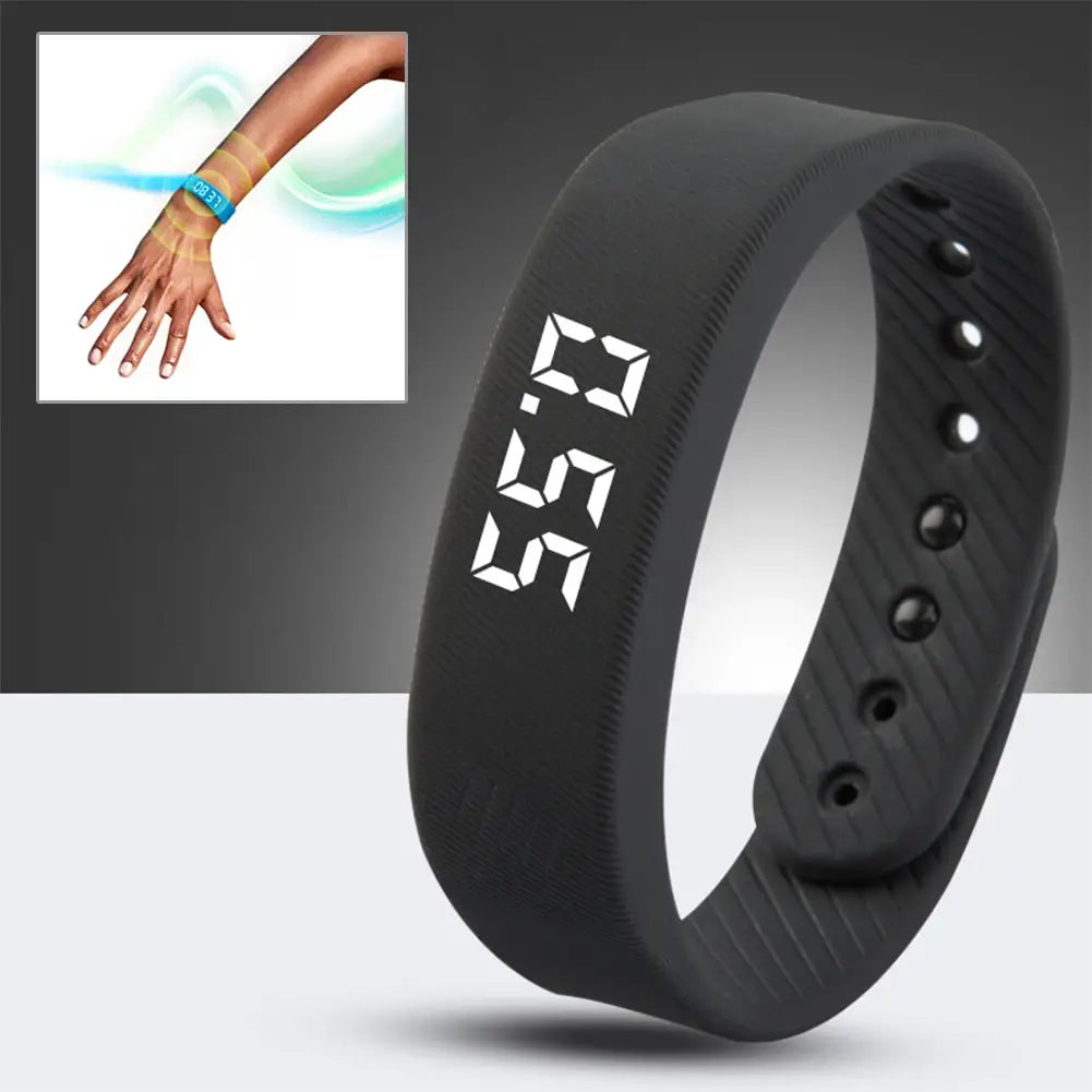 black kids led digital fitness tracker watch with white led time display and textured silicone strap