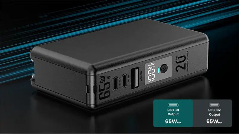 Batterie externe magnétique sans fil rectangulaire noire de 20000 mAh, avec sortie de charge rapide 65 W, écran numérique indiquant 100 % de charge, et ports USB-C.