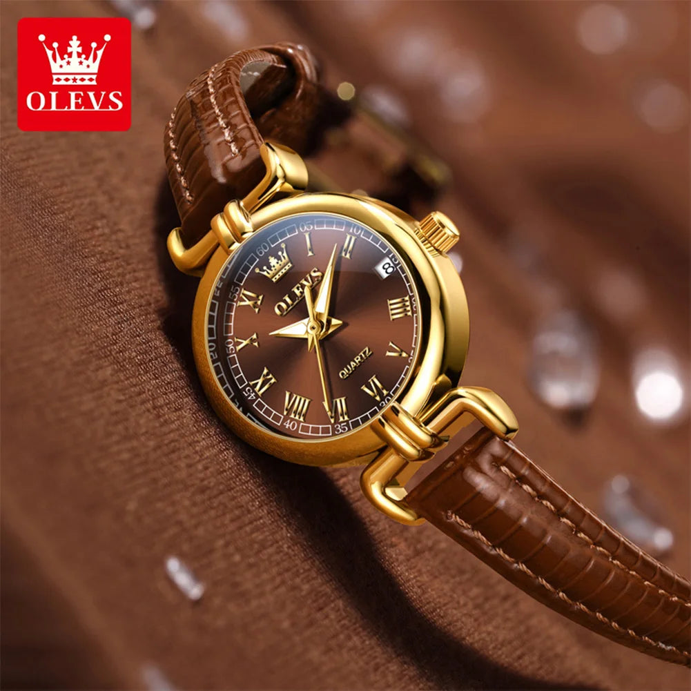 OLEVS Watches Womens Elegant Original Quartz Watch Leather Strap Waterproof Luminous Date Ladies Watches Girls Gifts Reloj New