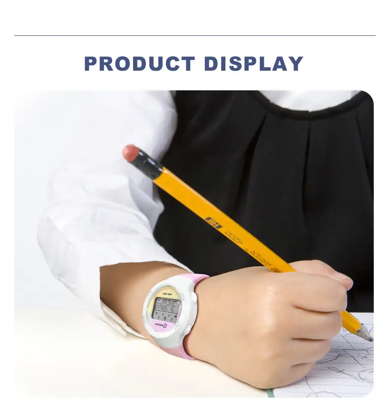 Kids waterproof digital sports watch in purple featuring a pink and white round face with a light gray display screen.
