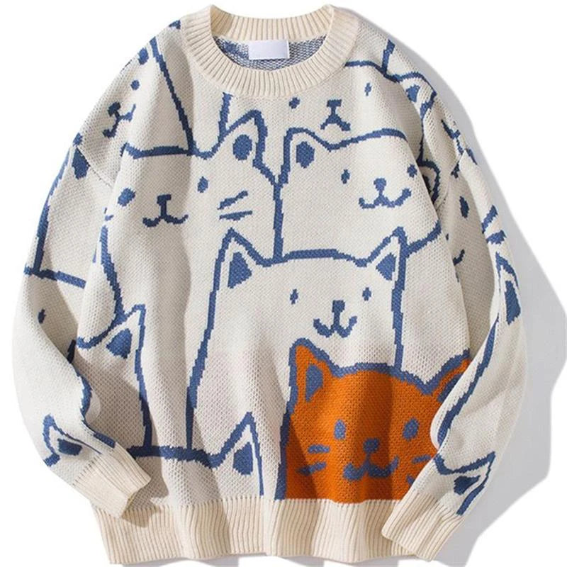 Cartoon Cat Knitted Sweater Men Japanese Retro Harajuku Knitwears Pullover Autumn Winter Jumper Knit Oversized Vintage Sweater