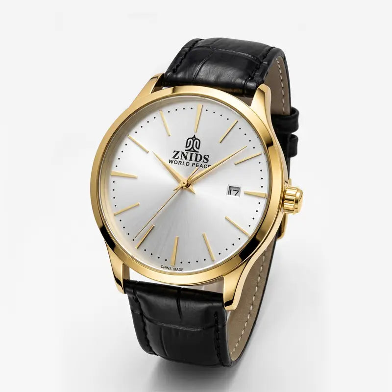 automatic skeleton mechanical watch gold leather strap featuring a gold-tone znids world peace watch with a silver dial black alligator leather strap and date display