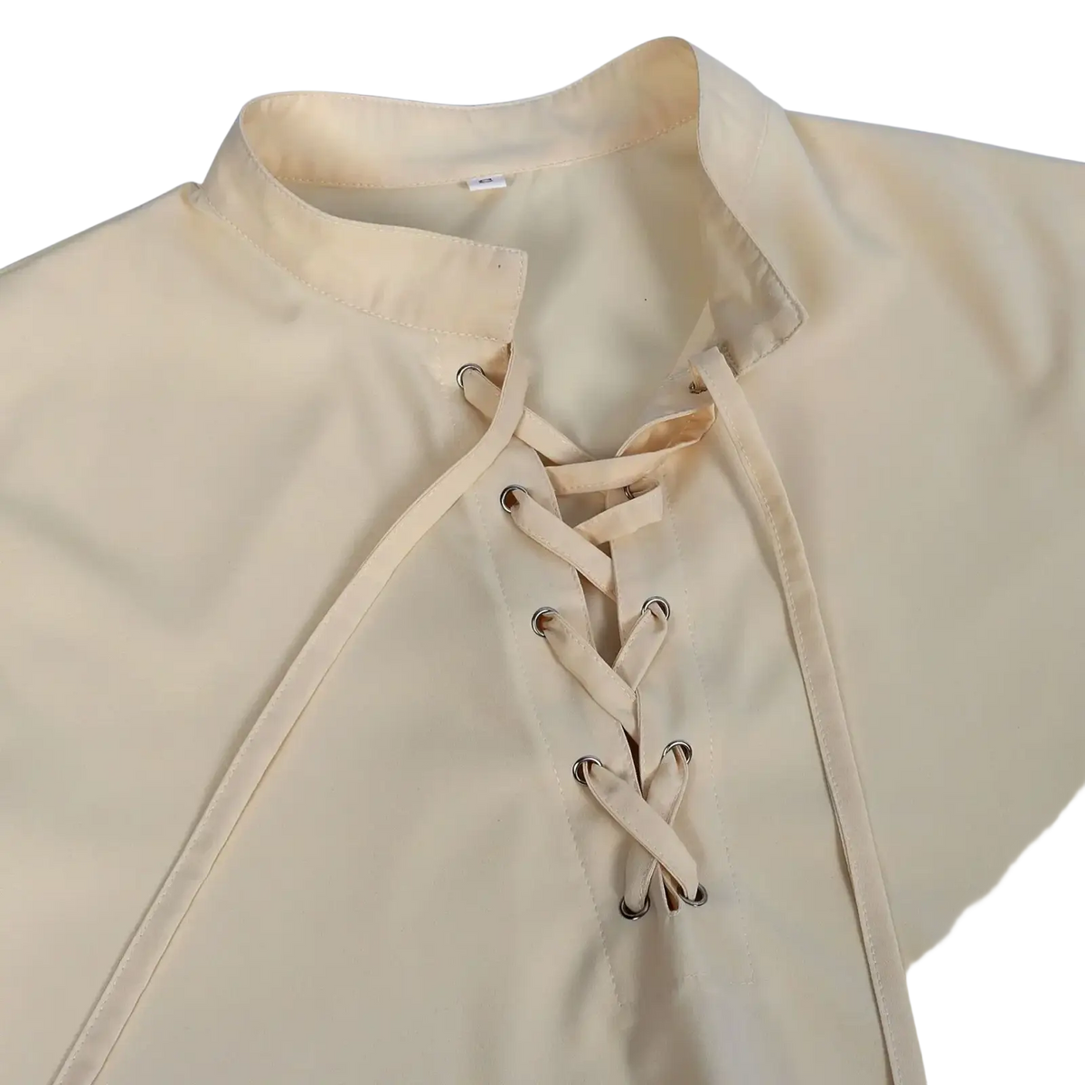 Beige long sleeve mens pirate shirt with stand collar and fabric ties threaded through metal eyelets front view