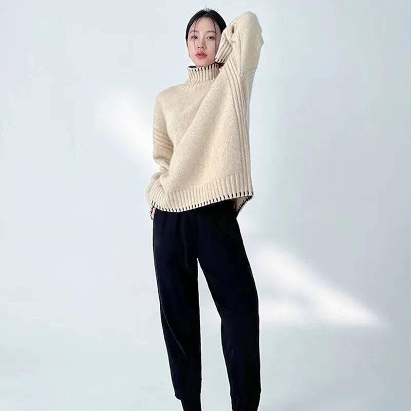 100% Pure Wool Sweater Women's 2025 Autumn and Winter New High Neck Pullover Fashionable Loose Plus Size Warm Knit Top