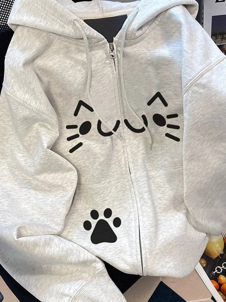 Women Cute Print Hoodies Winter Thick Warm Loose Preppy Style Kawaii Sweatshirts Casual Long Sleeve Female Sweet Zipper Chic Top