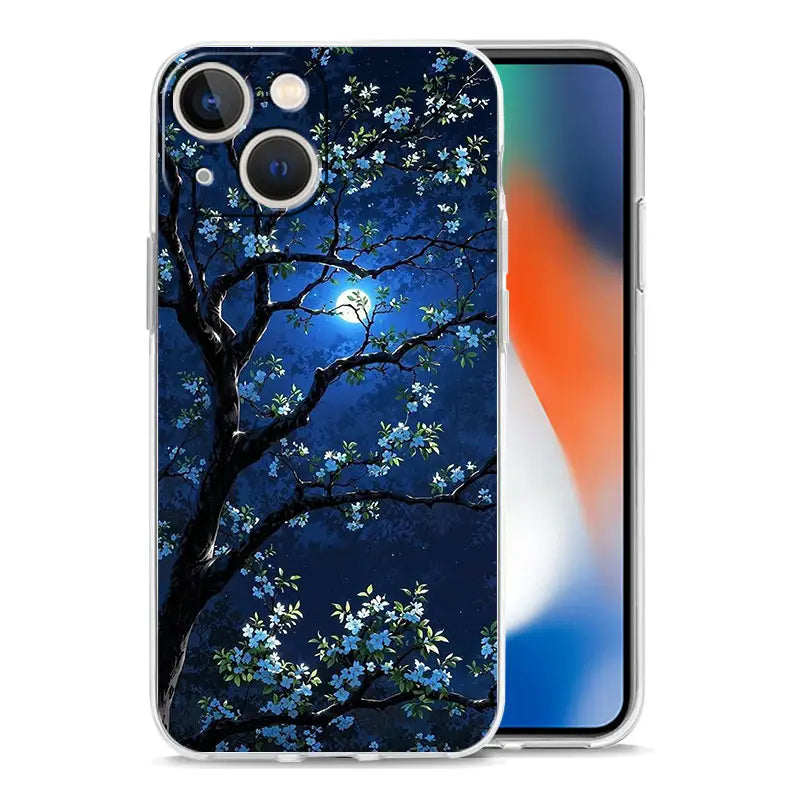 The back side of an artistic night sky transparent iPhone case with a detailed illustration of a blossoming tree against a deep blue night sky with a glowing moon.