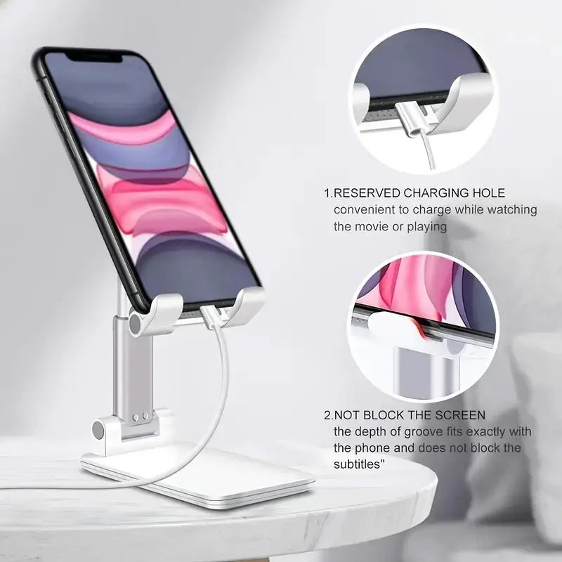 Support réglable pour téléphone de bureau et tablette blanc, au design minimaliste élégant et à la finition métallique.