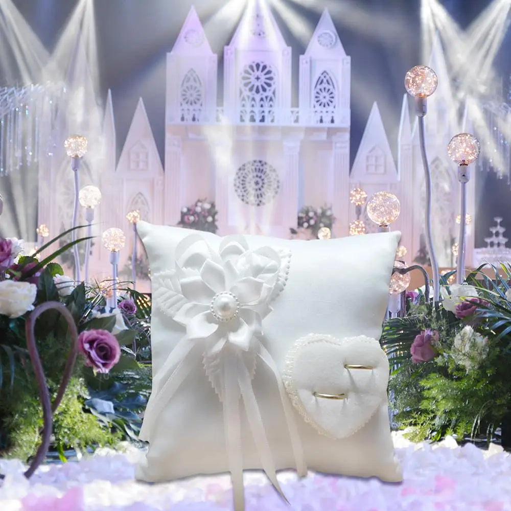 Wedding Ring Pillow European Romantic Bridal Wedding Ring Holder Pillow Heart Handmade Ribbon Cushion Decor for Wedding
