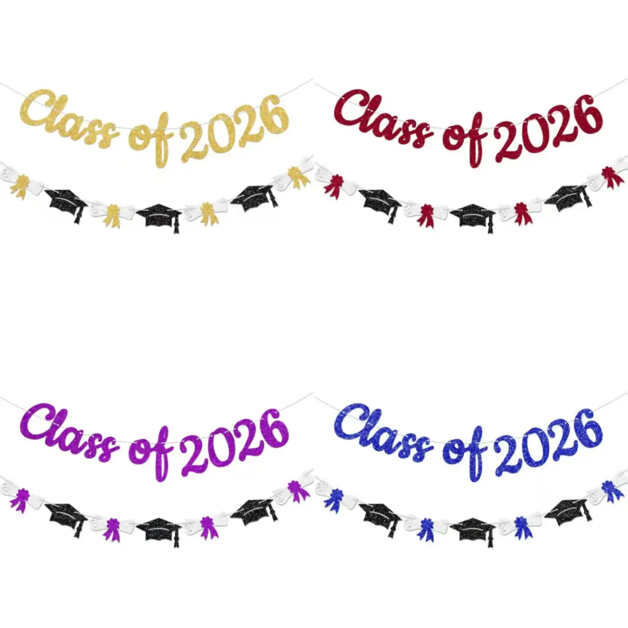 Class of 2026 graduation banner and garland featuring glittery lettering with black caps and coordinating colored ribbons for celebratory decoration.