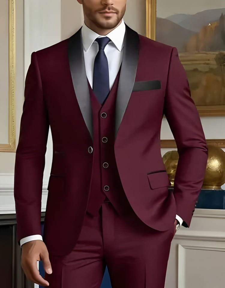 ein Herren schwarzer Slim-Fit-Anzug einreihiger Smoking mit einem edlen burgunderfarbenen Dreiteiler-Design, schwarzen Satin-Revers, passender Weste, tailliertem Sitz und silberfarbenen Knöpfen als Verschlussart