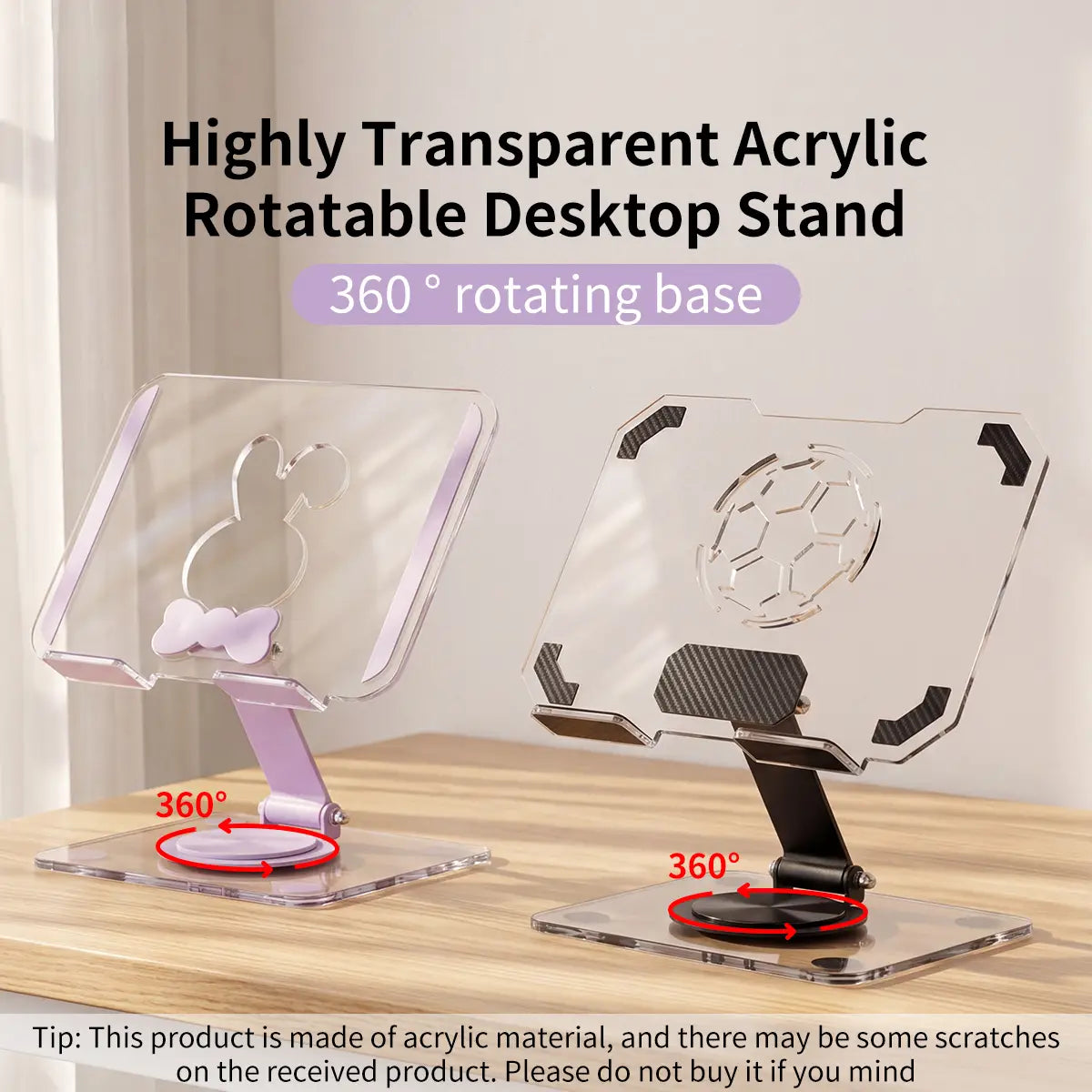 Highly transparent acrylic tablet stand with 360-degree rotating base and heat dissipation feature available in two designs featuring bunny silhouette and soccer ball pattern.