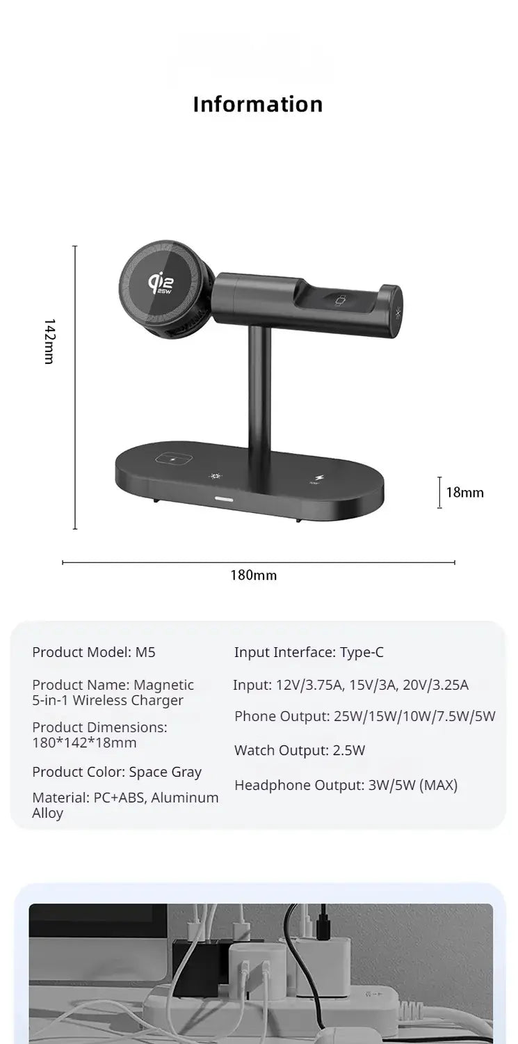 Station de charge sans fil gris espace 25 W 7-en-1, avec chargeur sans fil magnétique 5-en-1, base élégante en PC et ABS, support en alliage d’aluminium et coussinet de charge circulaire pour la charge rapide de plusieurs appareils.