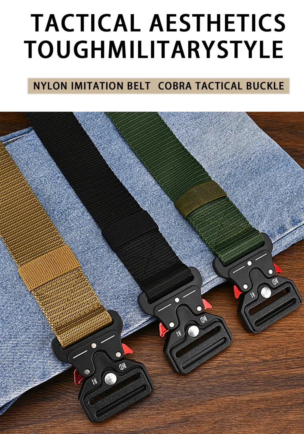 Three tactical polyester belts in olive black and tan with cobra-style buckles designed as unisex outdoor utility straps.