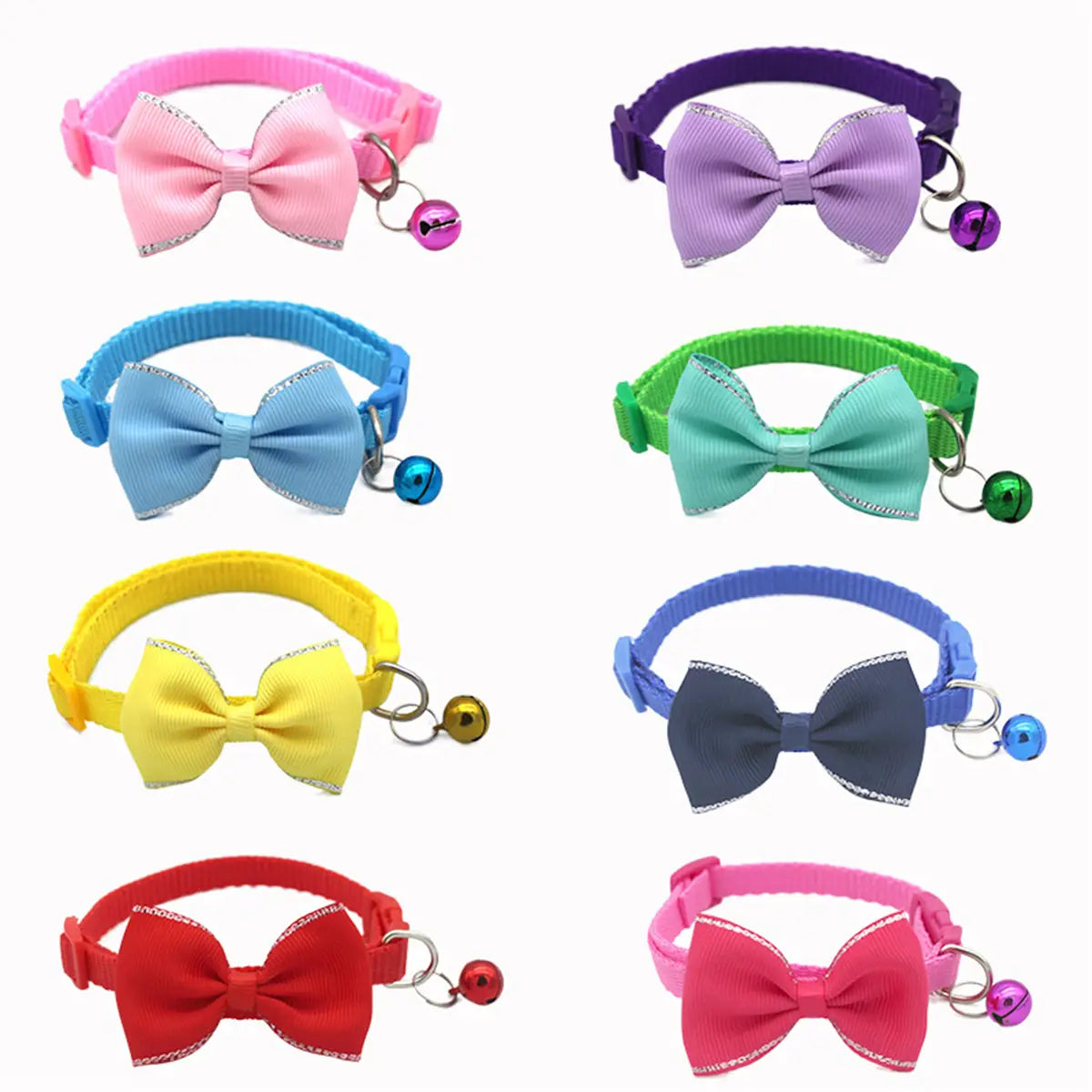 Colorful multicolor cat collar bowtie set with matching bells and silver trim designed to be adjustable and stylish.