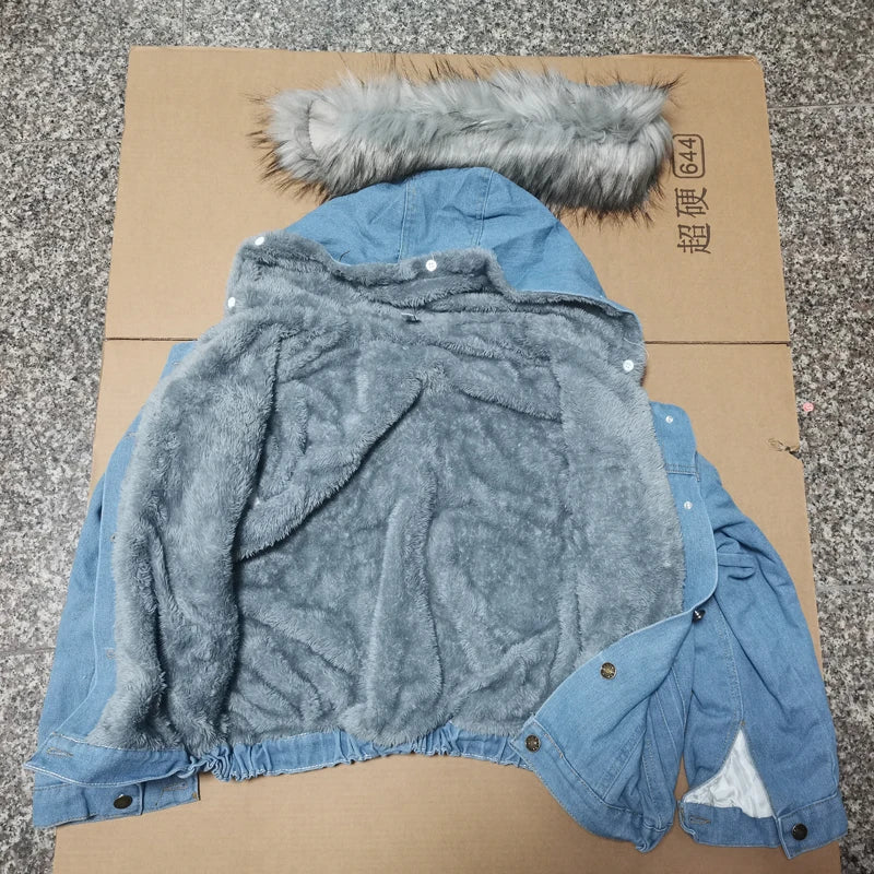 Winter Fashion Denim Jacket Hooded Coat Woman Thicken Outwear with Removable Fur Collar Clothes Warm Fleece Lined Jean Jacket