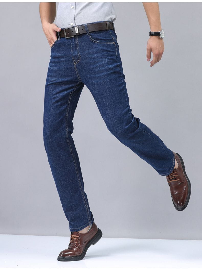 Dark blue stretch cotton men’s straight jeans with a classic straight-leg cut and visible stitching details for casual trousers.