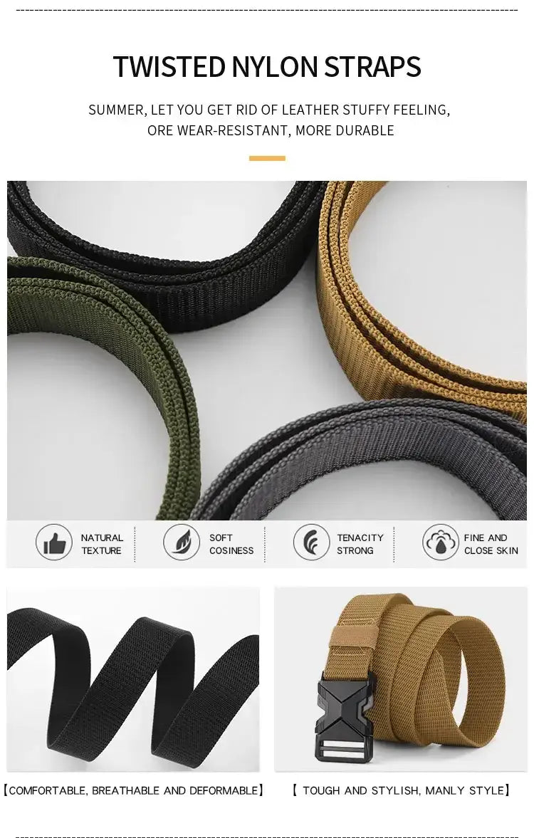 Ceintures tactiques en nylon noires et sable pour hommes, avec un design torsadé et une sangle respirante durable.
