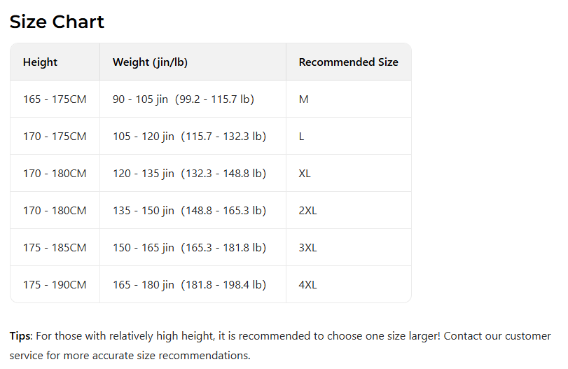 Size chart table displaying recommended clothing sizes based on height and weight in centimeters inches and jin pounds for men black long sleeve casual button down shirt.