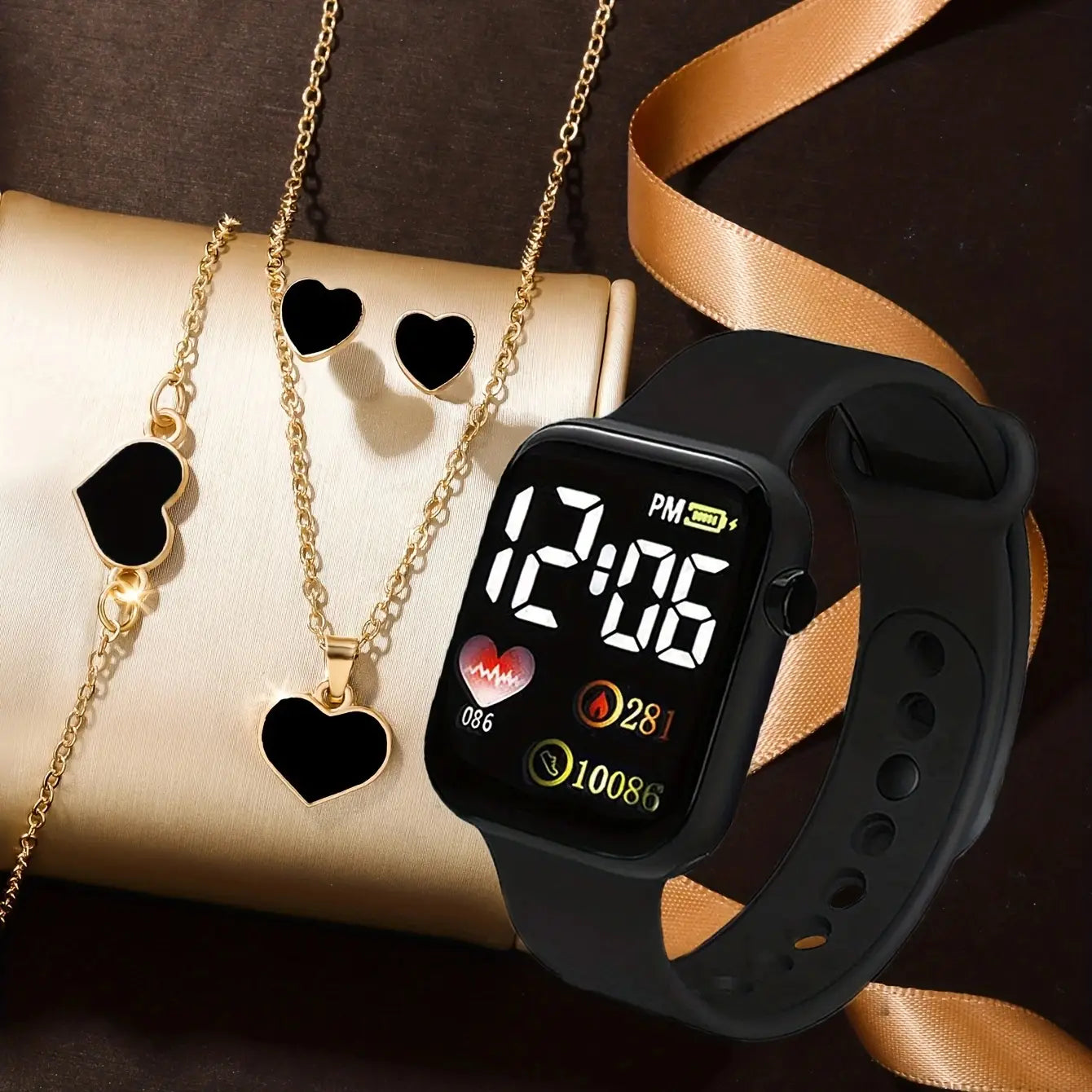 Black digital watch set women silicone fashion gift featuring a sleek black silicone strap and a digital display showing time and health metrics.