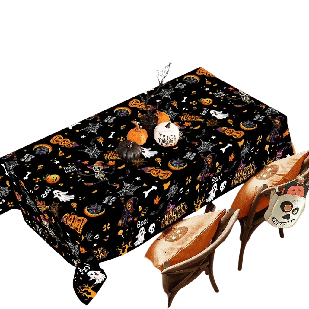 Black disposable plastic tablecloth with orange white and yellow halloween ghosts pumpkins bats and skeletons pattern