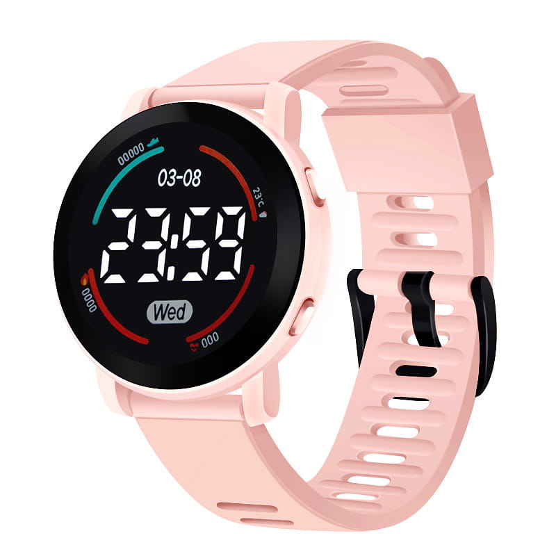 Pink silicone girls digital sports watch with a circular led display showing time date and temperature designed as a waterproof wristwatch.