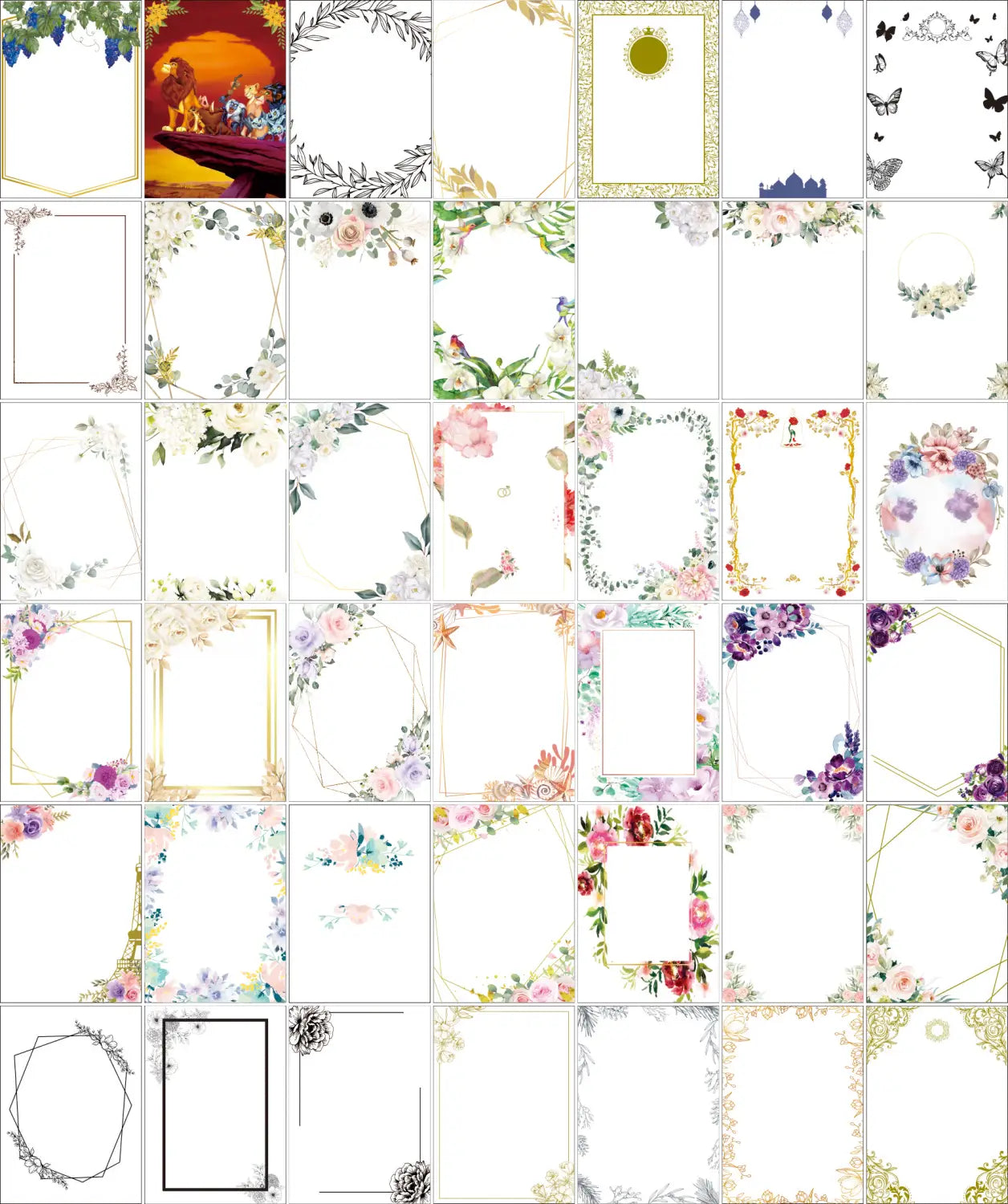 a custom hebrew acrylic prayer card featuring delicate floral and botanical border designs in soft pastel hues with watercolor-style flowers leaves and vines arranged around rectangular frames for wedding and bar mitzvah souvenirs