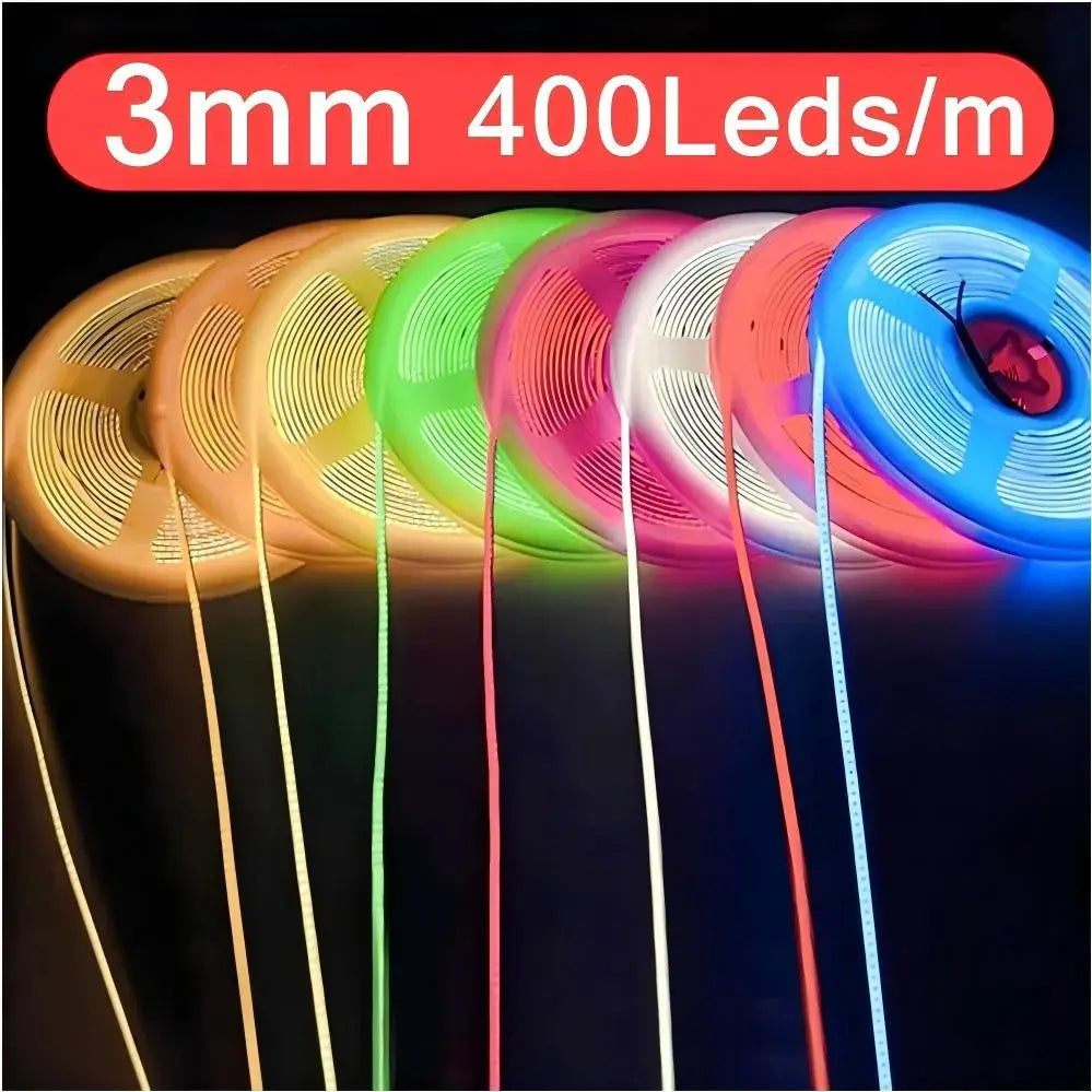 Tira LED flexible ultrafina de 3 mm con COB regulable en colores amarillo verdoso vibrante, rosa, blanco y azul, con cabezal DC de 2 pines incluido, para aplicaciones de decoración doméstica DIY.