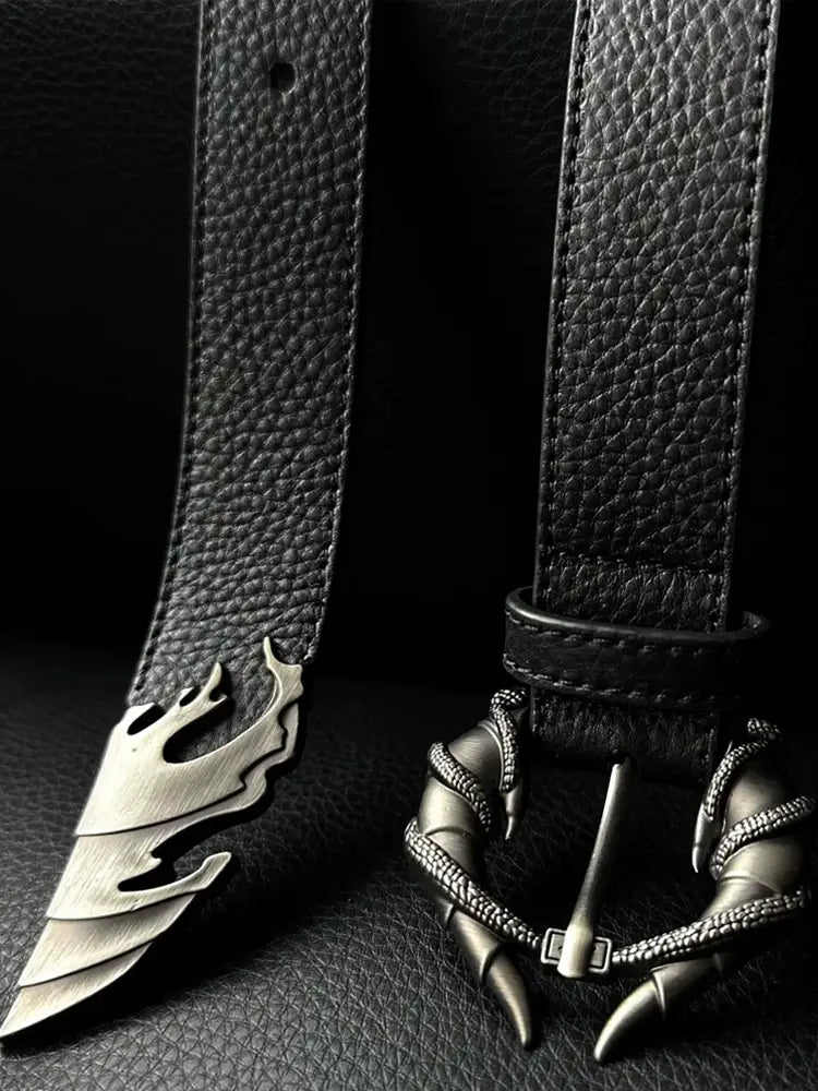 black textured leather belt with silver-toned dragon claw buckle and flame-shaped metal tip shown from the front featuring gothic style for plus size y2k decoration
