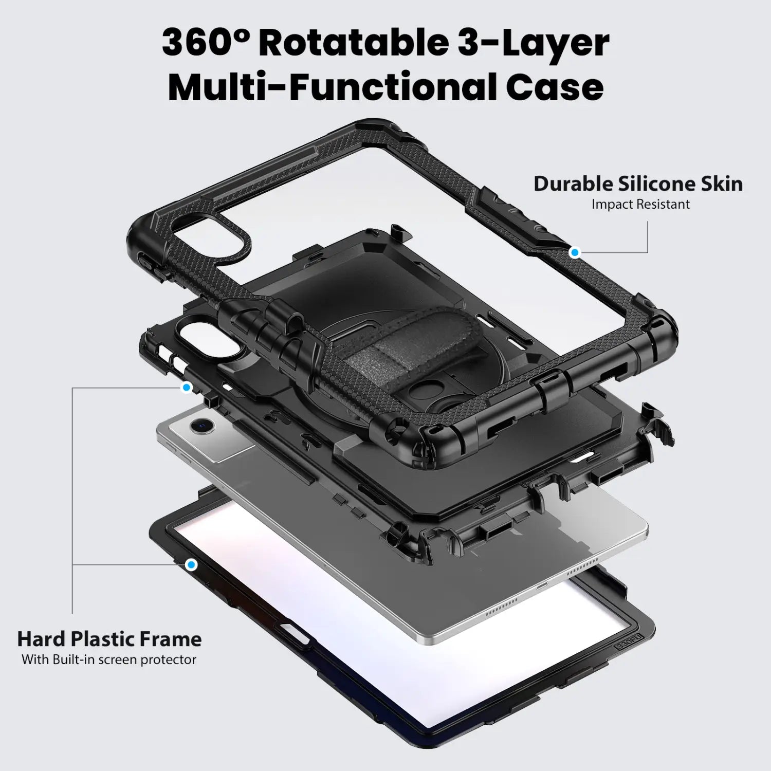 Black 360-degree rotatable multi-functional tb336fu xiaoxin pad 11 armor case with strap featuring durable silicone skin and hard plastic frame shown from the back side.