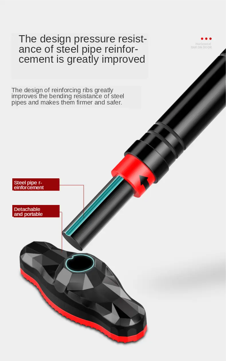 Barre de traction pour porte ajustable avec outil de renfort en tuyau d’acier détachable noir et rouge et base à motif géométrique pour le fitness à domicile