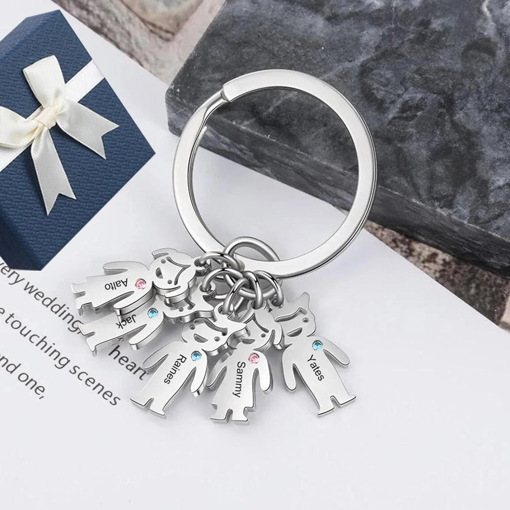 Stainless Steel Personalized Kids Charm Key Chain Custom 1-5 Names Key Chain Key Ring Gifts for Mother Daddy Father’s Day Gift