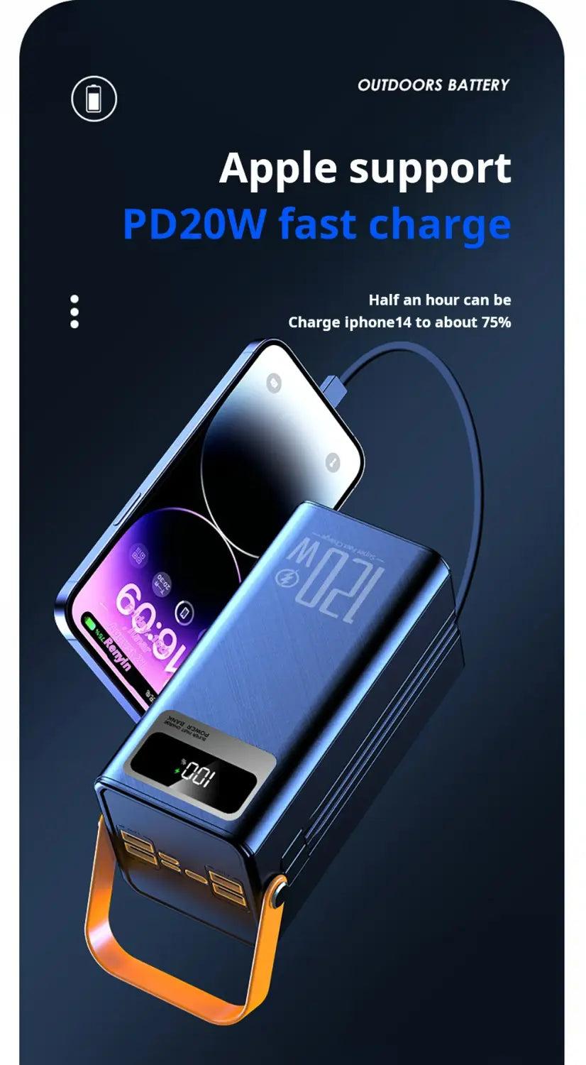 Power bank portátil azul y naranja de 60000 mAh y 120 W con linterna LED y pantalla digital, que muestra la carga al 100%, e incluye capacidad de carga rápida Apple PD20W, ingreso micro y 5 V/2 A para el tamaño de producto.