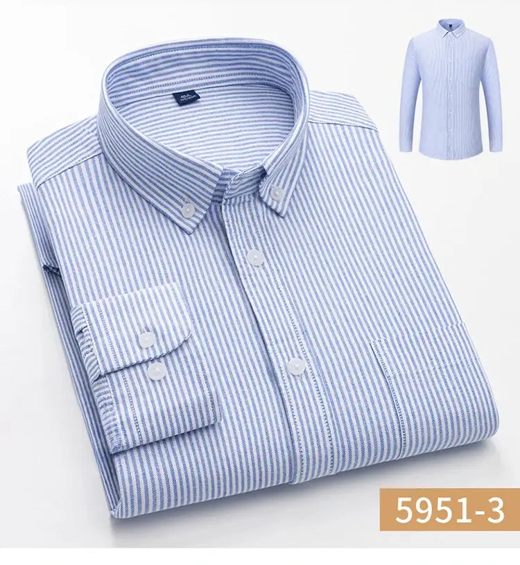 A neatly folded men’s cotton oxford slim fit long-sleeved button-down shirt in light blue and white vertical stripes with a classic collar and matching buttons.