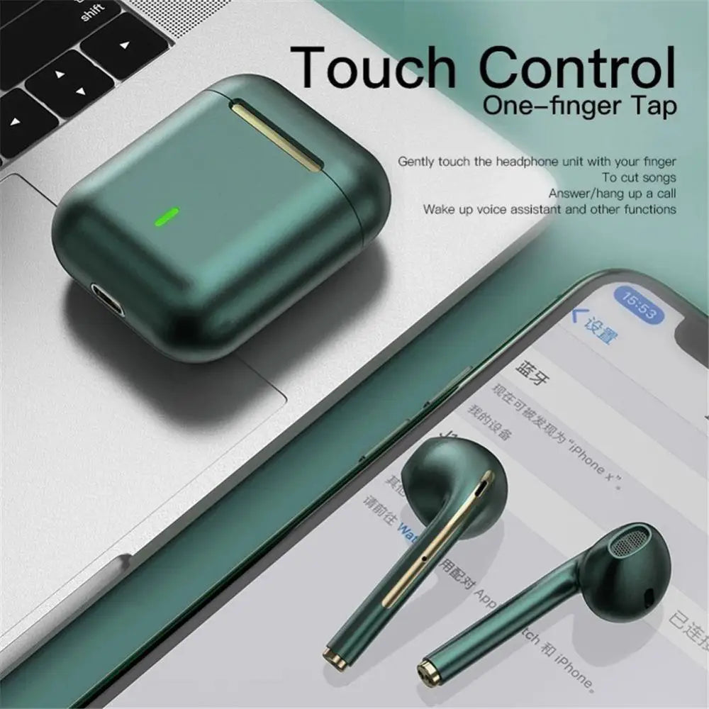 Teal-colored wireless noise cancelling earbuds with gold accents and matching charging case featuring Bluetooth 5.3 and touch control functionality.