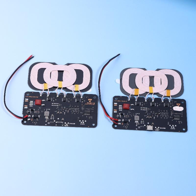 Two black 20w wireless charger modules for car and home with pink coil coils and red and black wires.