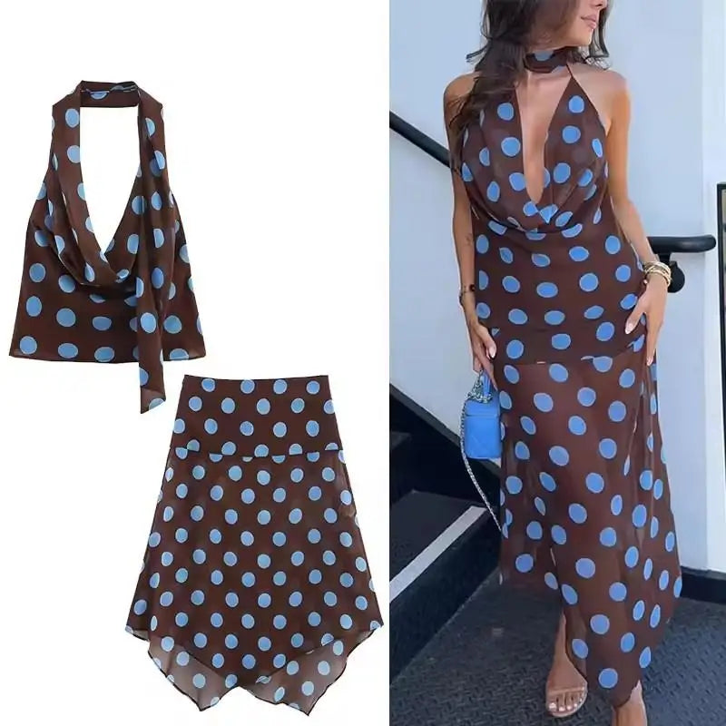 Chic Summer Outfits Women's Polka Dot Midi Skirt Set with Scarf Halter Design