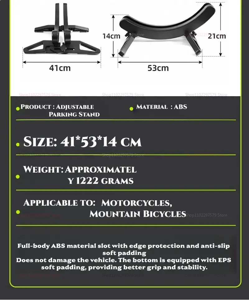 Support de stationnement pour vélo réglable en ABS noir, avec une conception en forme de U courbé, destiné aux motos et aux vélos tout-terrain.